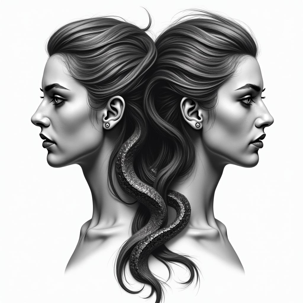 Valkyrie twins snake ravenin portrait tattoo style, featuring a highly realistic and detailed depiction