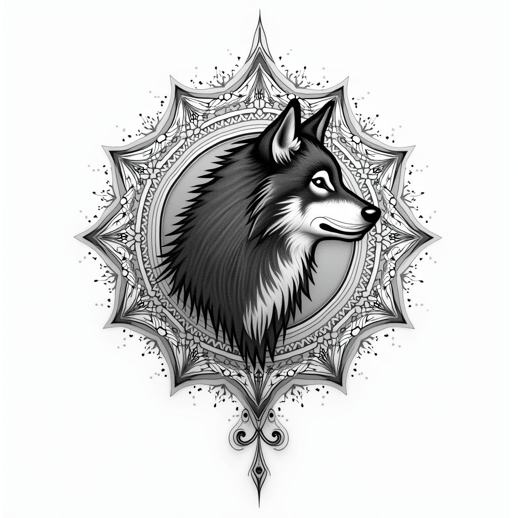 Galaxy with a silhouette of a wolf in the backgroundin dotwork style tattoo, complex mandala patterns, interlocking geometric shapes with sharp symmetry, clean lines, sharp angles - Variation 2