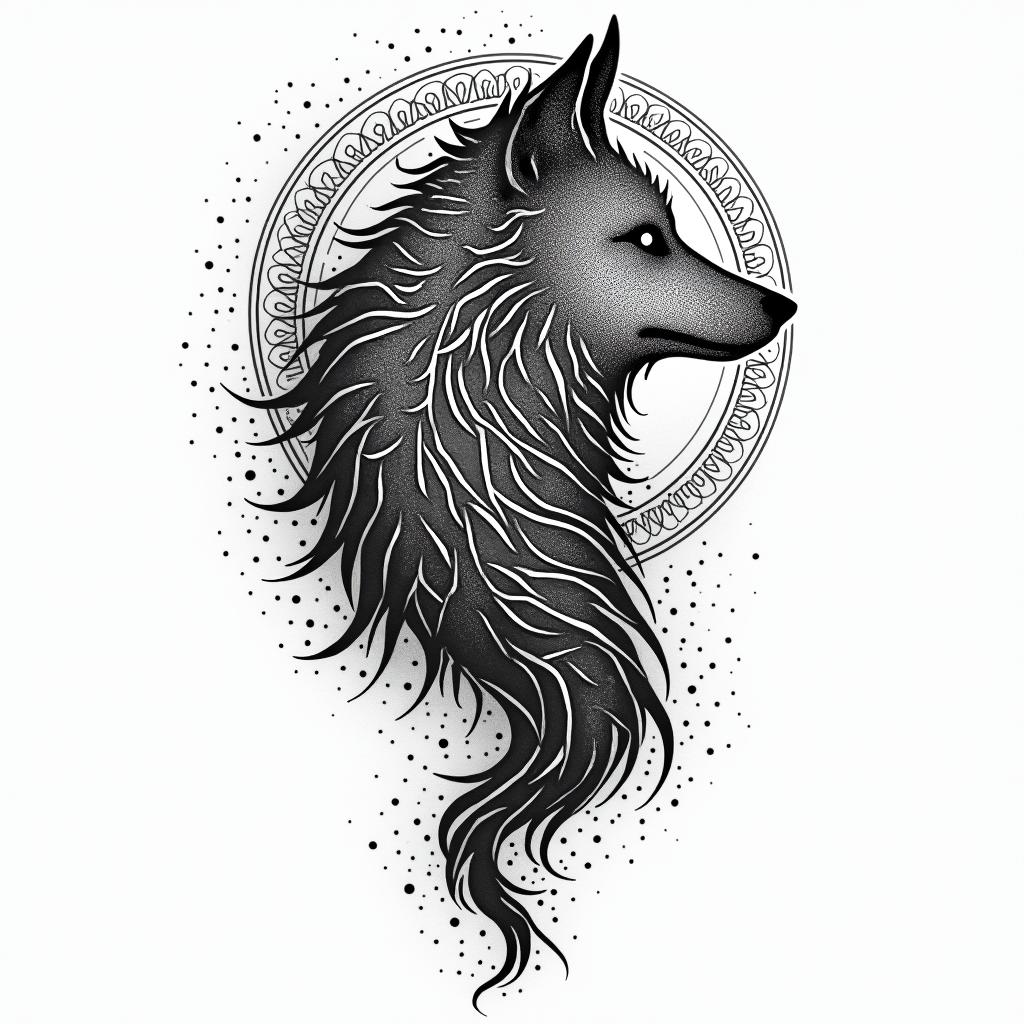 Galaxy with a silhouette of a wolf in the backgroundin dotwork style tattoo, complex mandala patterns, interlocking geometric shapes with sharp symmetry, clean lines, sharp angles