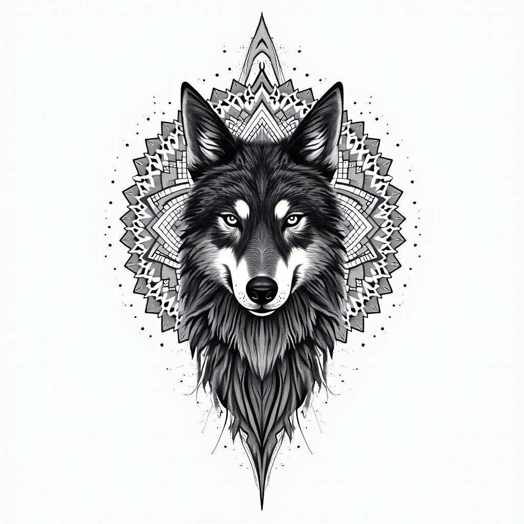 Galaxy with a silhouette of a wolf in the backgroundin dotwork style tattoo, complex mandala patterns, interlocking geometric shapes with sharp symmetry, clean lines, sharp angles - Variation 3