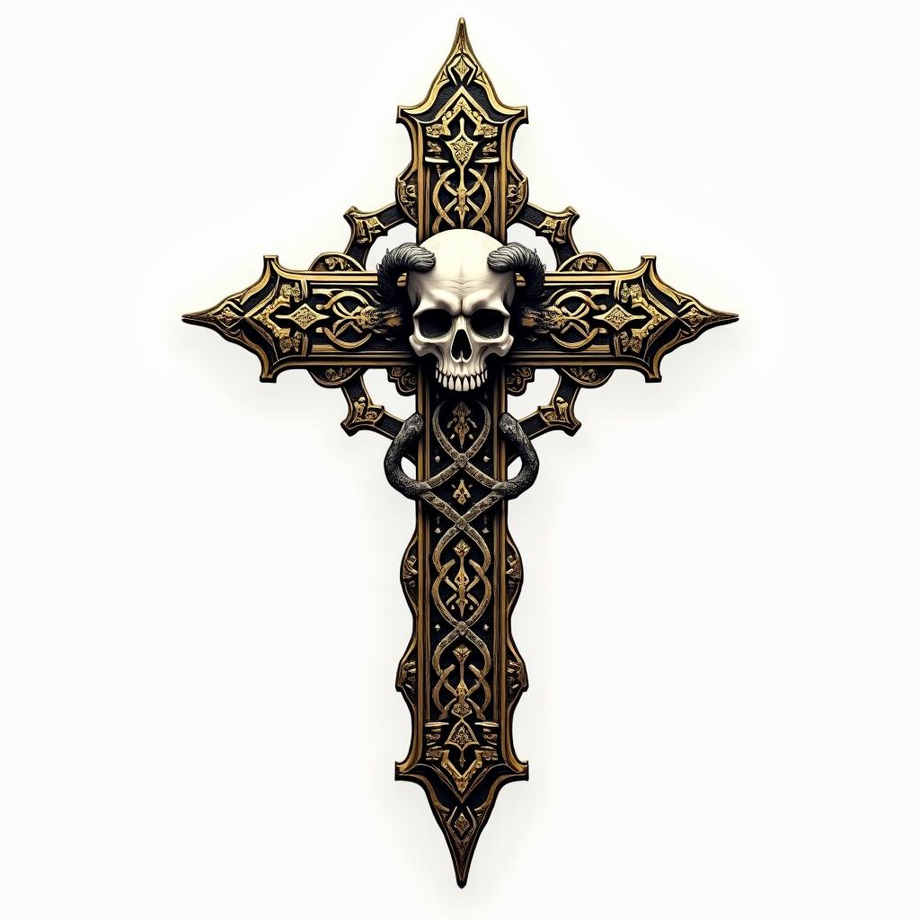 Cross with golden details with a demon skull placed in chainsin dotwork style tattoo, complex mandala patterns, interlocking geometric shapes with sharp symmetry, clean lines, sharp angles - Variation 3