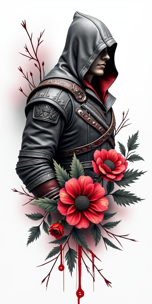 Assassins creed mixed with flowers, thorns and bloodin realism tattoo style, featuring a highly detailed, lifelike, capturing every detail, photorealistic, ultra realistic, intricate shading, smooth and sharp, - Variation 15