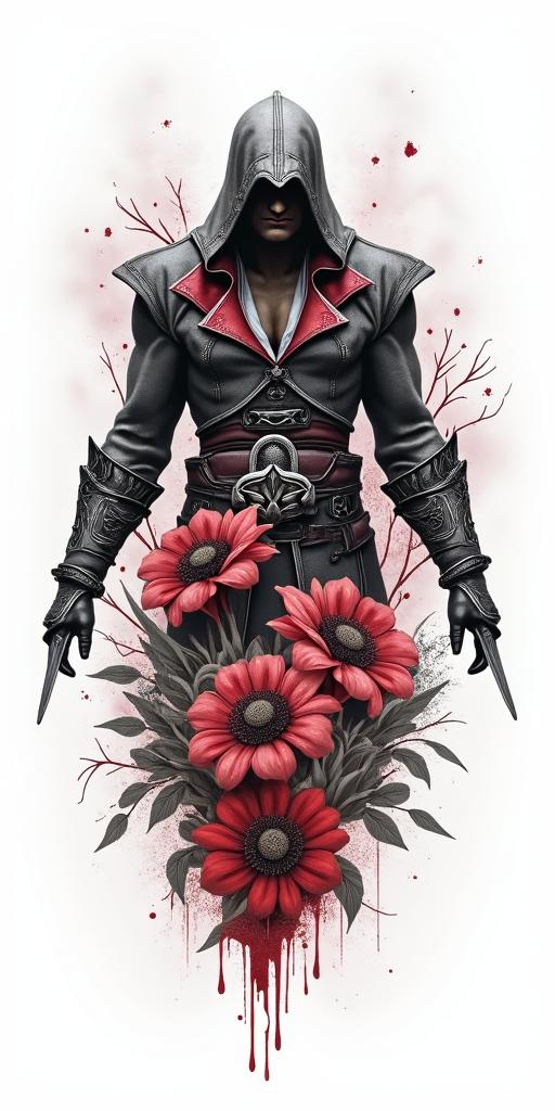 Assassins creed mixed with flowers, thorns and bloodin realism tattoo style, featuring a highly detailed, lifelike, capturing every detail, photorealistic, ultra realistic, intricate shading, smooth and sharp, - Variation 13