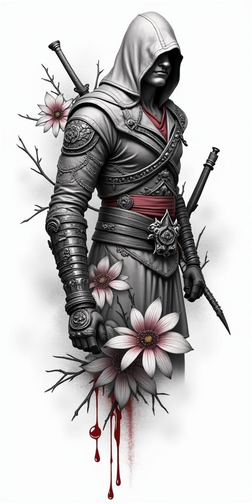 Assassins creed mixed with flowers, thorns and bloodin realism tattoo style, featuring a highly detailed, lifelike, capturing every detail, photorealistic, ultra realistic, intricate shading, smooth and sharp, - Variation 6