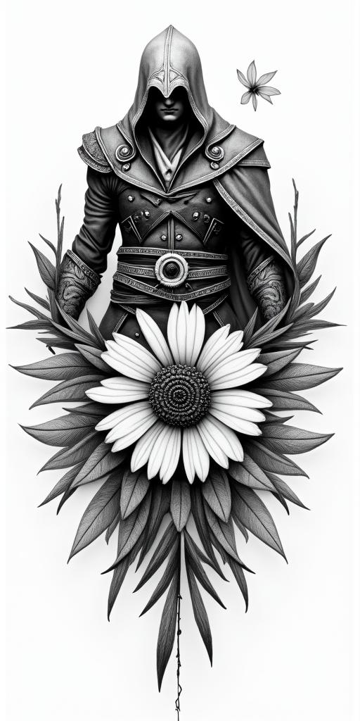 Assassins creed mixed with flowers, thorns and bloodin realism tattoo style, featuring a highly detailed, lifelike, capturing every detail, photorealistic, ultra realistic, intricate shading, smooth and sharp, - Variation 5