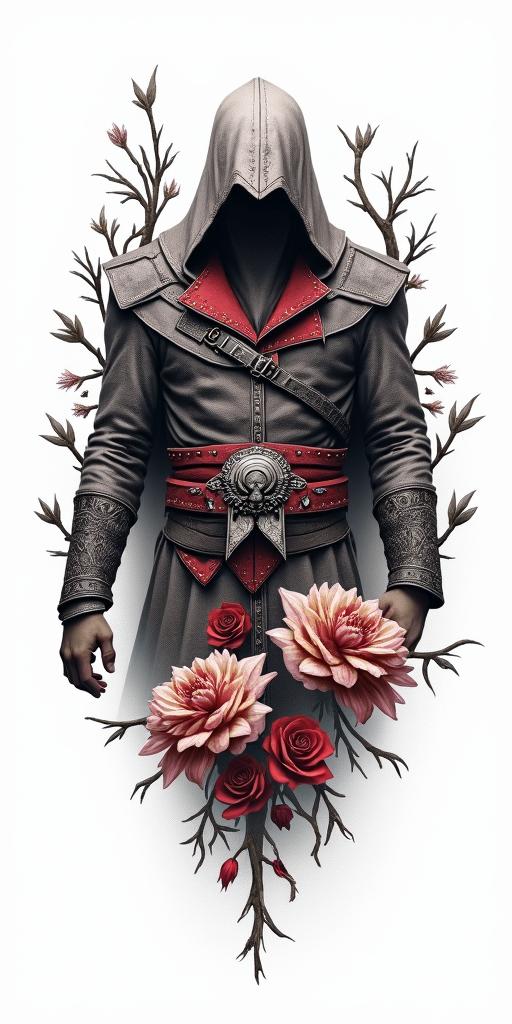 Assassins creed mixed with flowers, thorns and bloodin realism tattoo style, featuring a highly detailed, lifelike, capturing every detail, photorealistic, ultra realistic, intricate shading, smooth and sharp, - Variation 10