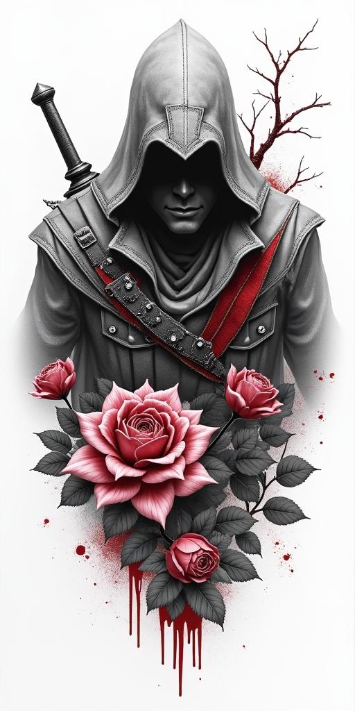 Assassins creed mixed with flowers, thorns and bloodin realism tattoo style, featuring a highly detailed, lifelike, capturing every detail, photorealistic, ultra realistic, intricate shading, smooth and sharp, - Variation 11