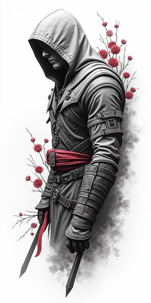 Assassins creed mixed with flowers, thorns and bloodin realism tattoo style, featuring a highly detailed, lifelike, capturing every detail, photorealistic, ultra realistic, intricate shading, smooth and sharp, - Variation 7