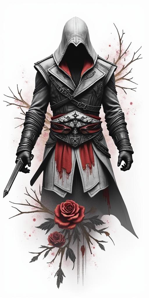 Assassins creed mixed with flowers, thorns and bloodin realism tattoo style, featuring a highly detailed, lifelike, capturing every detail, photorealistic, ultra realistic, intricate shading, smooth and sharp, - Variation 8