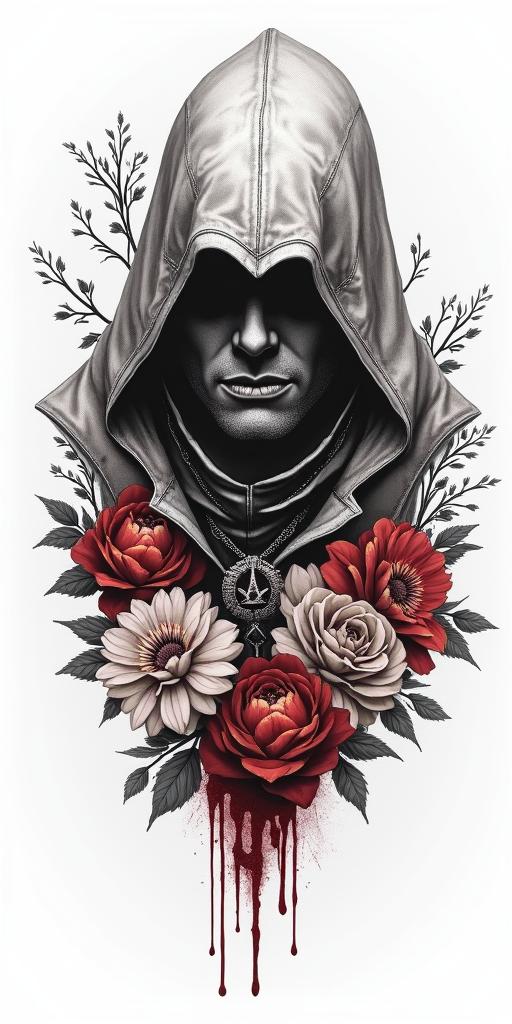Assassins creed mixed with flowers, thorns and bloodin realism tattoo style, featuring a highly detailed, lifelike, capturing every detail, photorealistic, ultra realistic, intricate shading, smooth and sharp, - Variation 9