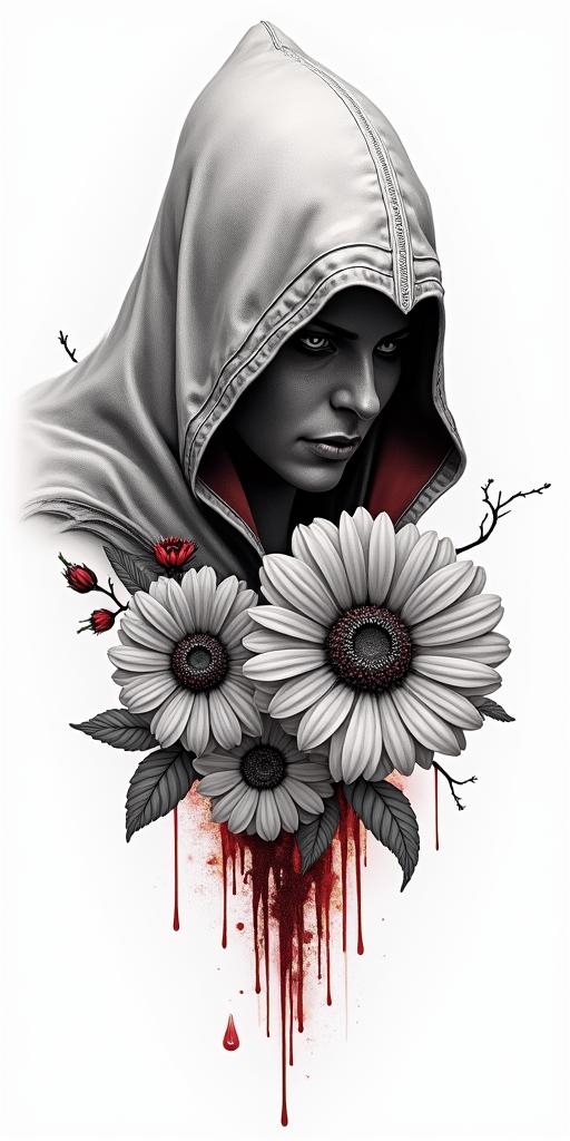 Assassins creed mixed with flowers, thorns and bloodin realism tattoo style, featuring a highly detailed, lifelike, capturing every detail, photorealistic, ultra realistic, intricate shading, smooth and sharp, - Variation 12