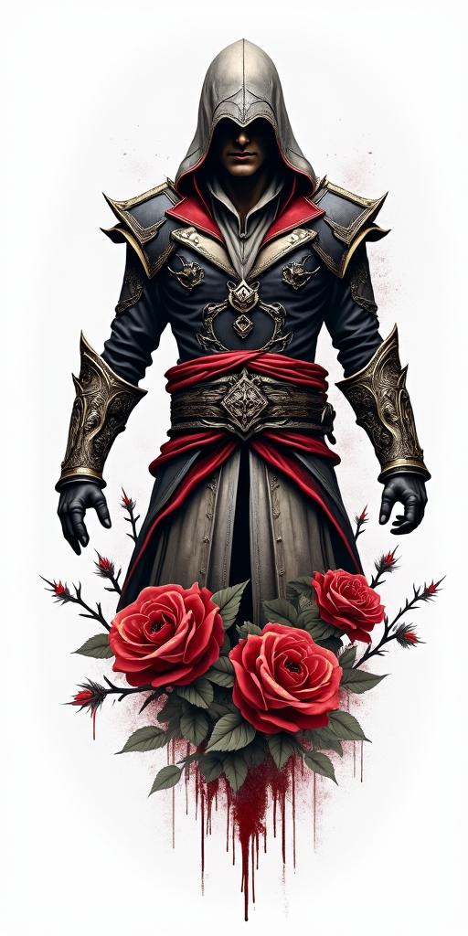 Assassins creed mixed with flowers, thorns and bloodin realism tattoo style, featuring a highly detailed, lifelike, capturing every detail, photorealistic, ultra realistic, intricate shading, smooth and sharp, - Variation 4