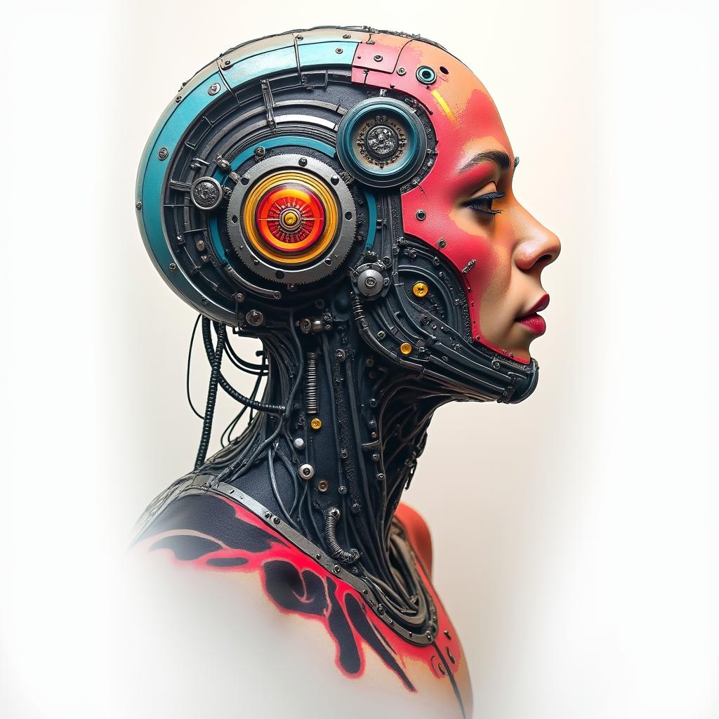 Jose Salazar, Gemini, Venezuelatattoo in biomechanic style, the tattoo covered by robotic elements of futuristic cyberpunk design, robotic features detail, showcasing intricate mechanical components - Variation 2