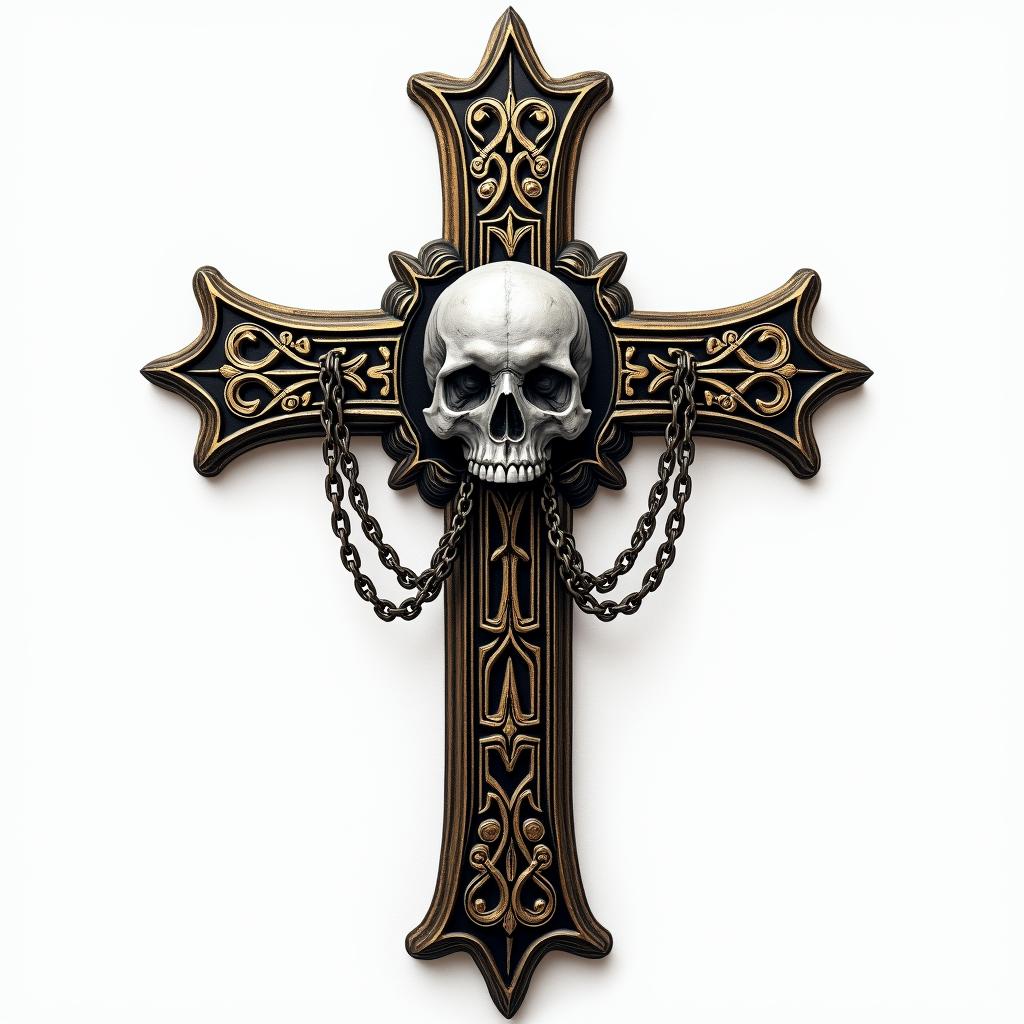 Cross with golden details, laid with a demon skull in chains. in horror tattoo style, showcasing haunting and unsettling, dark and gritty textures with skulls, eerie faces, jgged designs, bold and intense shading - Variation 3