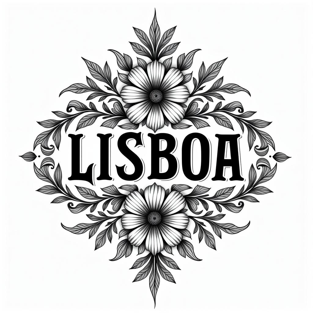Word "LISBOA" with flowers and leaves and "azulejos"in ornamental tattoo style, featuring intricate symmetrical patterns and floral designs, showcasing highly detailed line work and geometric shapes, creating a sense of elegance and balance