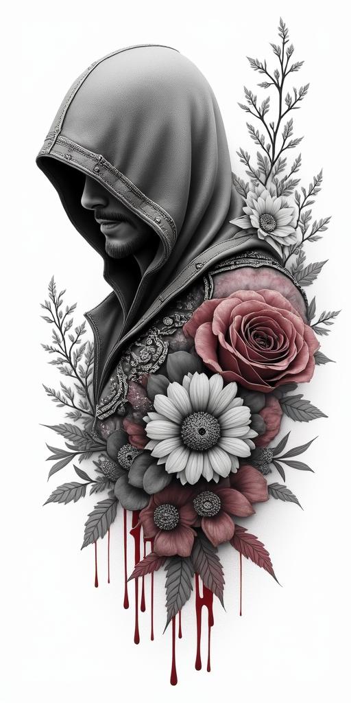 Assassins creed mixed with flowers, thorns and bloodin realism tattoo style, featuring a highly detailed, lifelike, capturing every detail, photorealistic, ultra realistic, intricate shading, smooth and sharp, - Variation 3