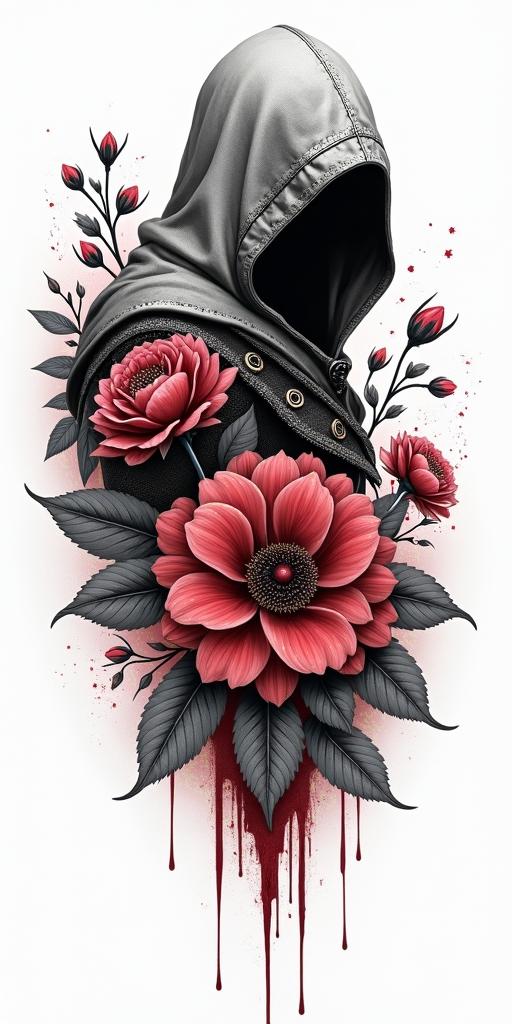 Assassins creed mixed with flowers, thorns and bloodin realism tattoo style, featuring a highly detailed, lifelike, capturing every detail, photorealistic, ultra realistic, intricate shading, smooth and sharp,