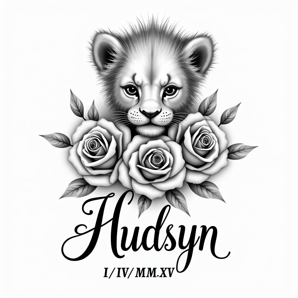 A beautifully faded tattoo design featuring a baby lion and roses, symbolizing love and happiness. The name "Hudsyn" is elegantly written in flowing script, complemented by his birth date "II/IV/MMXXV" in Roman numerals. The overall style is monochromatic, conveying a sense of perfection and deep emotional connection.higly detailed tattoo - Variation 8