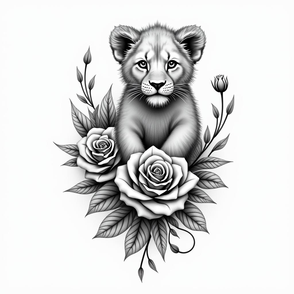 A beautifully faded tattoo design featuring a baby lion and roses, symbolizing love and happiness. The name "Hudsyn" is elegantly written in flowing script, complemented by his birth date "II/IV/MMXXV" in Roman numerals. The overall style is monochromatic, conveying a sense of perfection and deep emotional connection.higly detailed tattoo - Variation 5