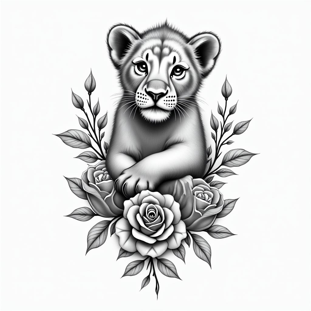 A beautifully faded tattoo design featuring a baby lion and roses, symbolizing love and happiness. The name "Hudsyn" is elegantly written in flowing script, complemented by his birth date "II/IV/MMXXV" in Roman numerals. The overall style is monochromatic, conveying a sense of perfection and deep emotional connection.higly detailed tattoo - Variation 7