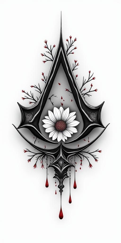 Assassins creed symbols mixed with flowers, thorns and bloodin realism tattoo style, featuring a highly detailed, lifelike, capturing every detail, photorealistic, ultra realistic, intricate shading, smooth and sharp,   - Variation 3