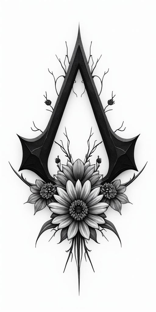 Assassins creed symbols mixed with flowers, thorns and bloodin realism tattoo style, featuring a highly detailed, lifelike, capturing every detail, photorealistic, ultra realistic, intricate shading, smooth and sharp,   - Variation 2
