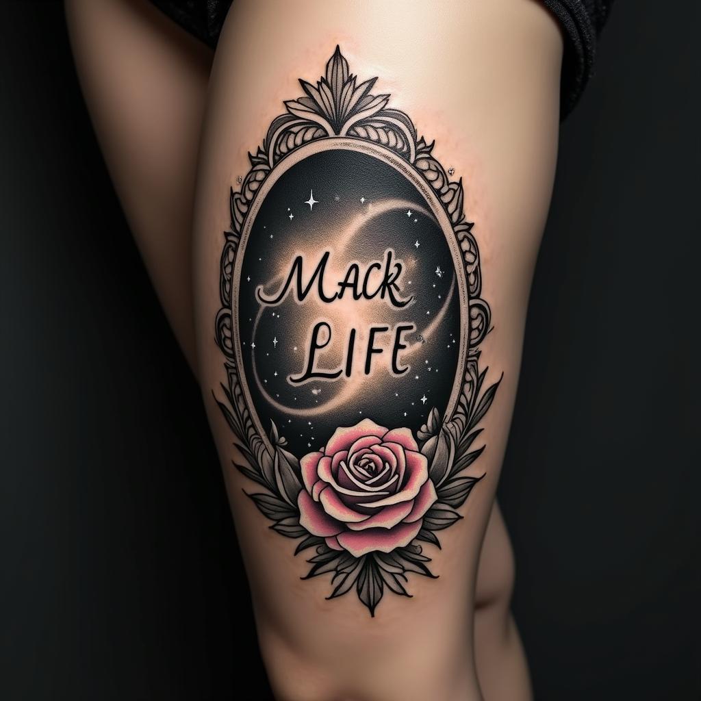 Create a tattoo with the words Mack Life with the Andromeda galaxy in the backgroundin victorian style tattoo, featuring vintage and elegant elements, ornate frames, roses, antique, sepia-toned color scheme - Variation 2