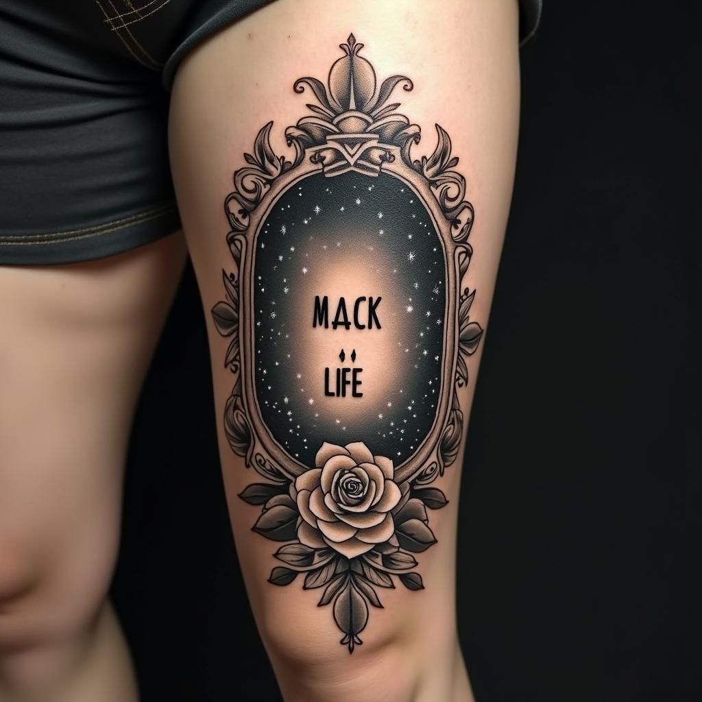 Create a tattoo with the words Mack Life with the Andromeda galaxy in the backgroundin victorian style tattoo, featuring vintage and elegant elements, ornate frames, roses, antique, sepia-toned color scheme - Variation 4