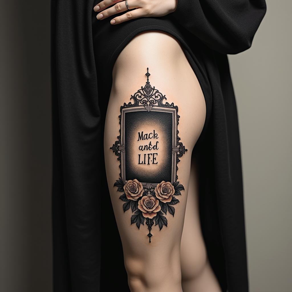 Create a tattoo with the words Mack Life with the Andromeda galaxy in the backgroundin victorian style tattoo, featuring vintage and elegant elements, ornate frames, roses, antique, sepia-toned color scheme