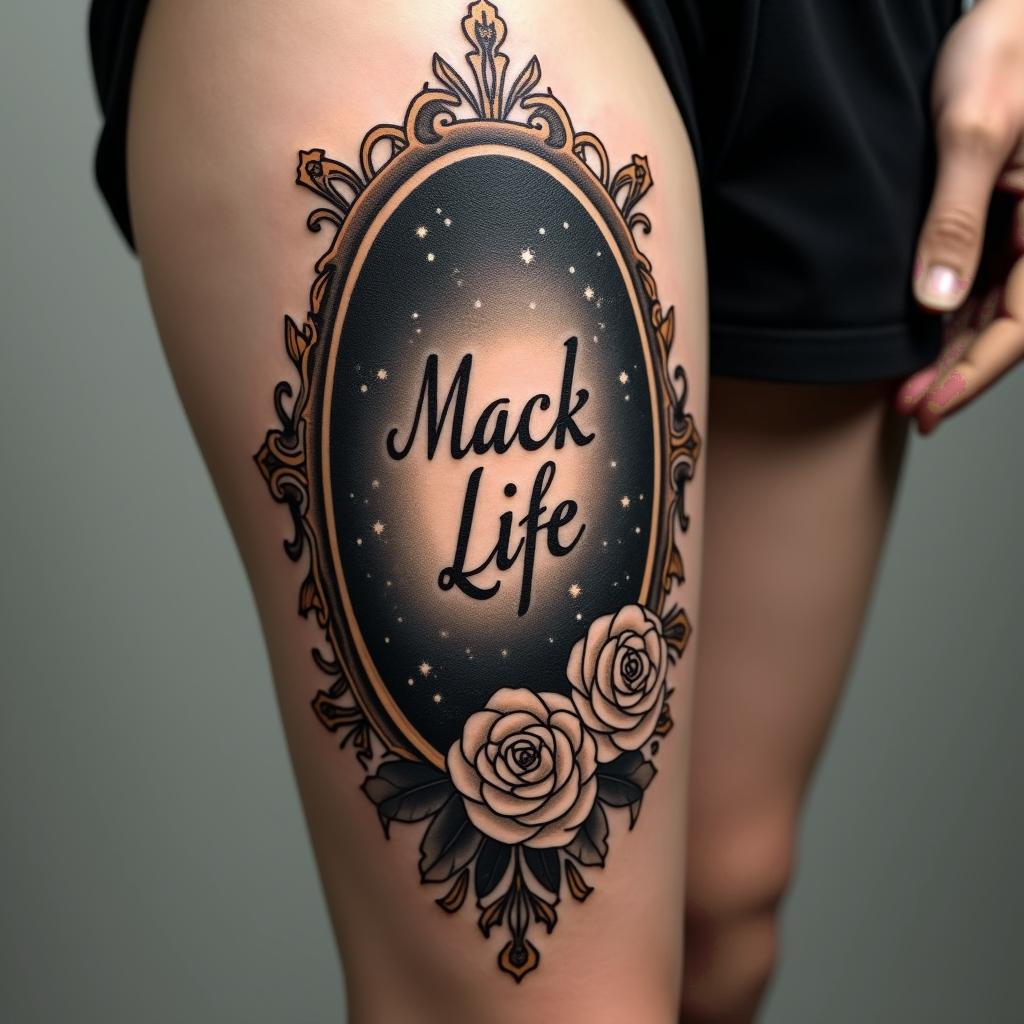 Create a tattoo with the words Mack Life with the Andromeda galaxy in the backgroundin victorian style tattoo, featuring vintage and elegant elements, ornate frames, roses, antique, sepia-toned color scheme - Variation 3
