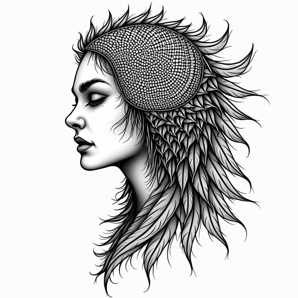 Vegvisir, raven, womanin dotwork style tattoo, complex mandala patterns, interlocking geometric shapes with sharp symmetry, clean lines, sharp angles