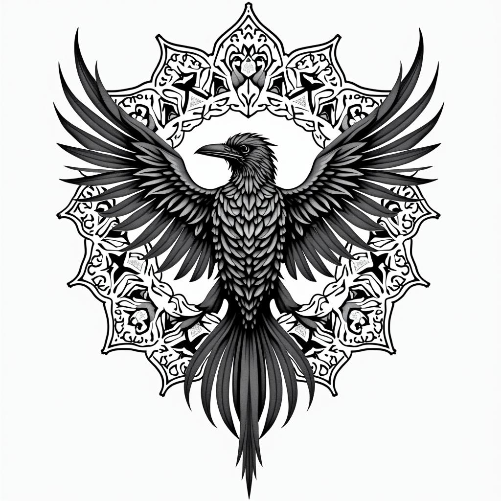 Vegvisir, raven, womanin dotwork style tattoo, complex mandala patterns, interlocking geometric shapes with sharp symmetry, clean lines, sharp angles - Variation 4