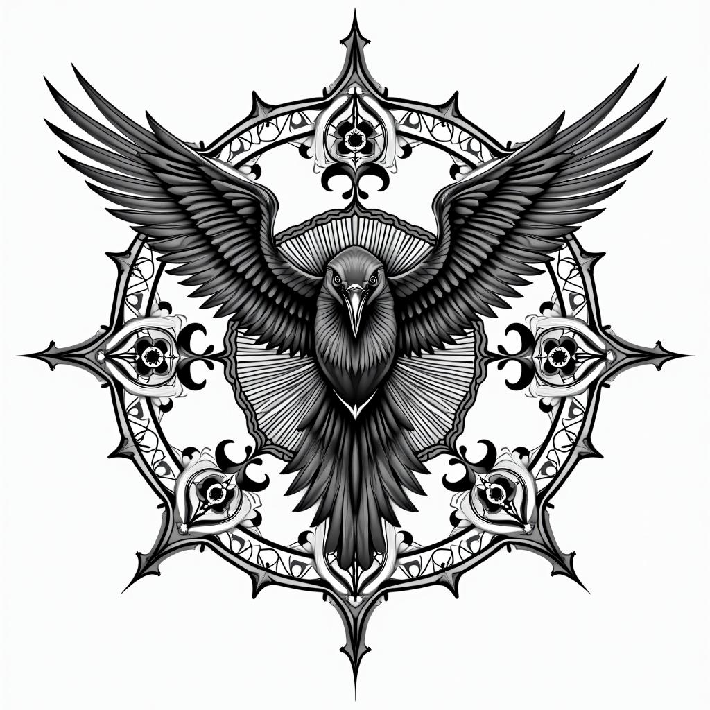 Vegvisir, raven, womanin dotwork style tattoo, complex mandala patterns, interlocking geometric shapes with sharp symmetry, clean lines, sharp angles - Variation 2