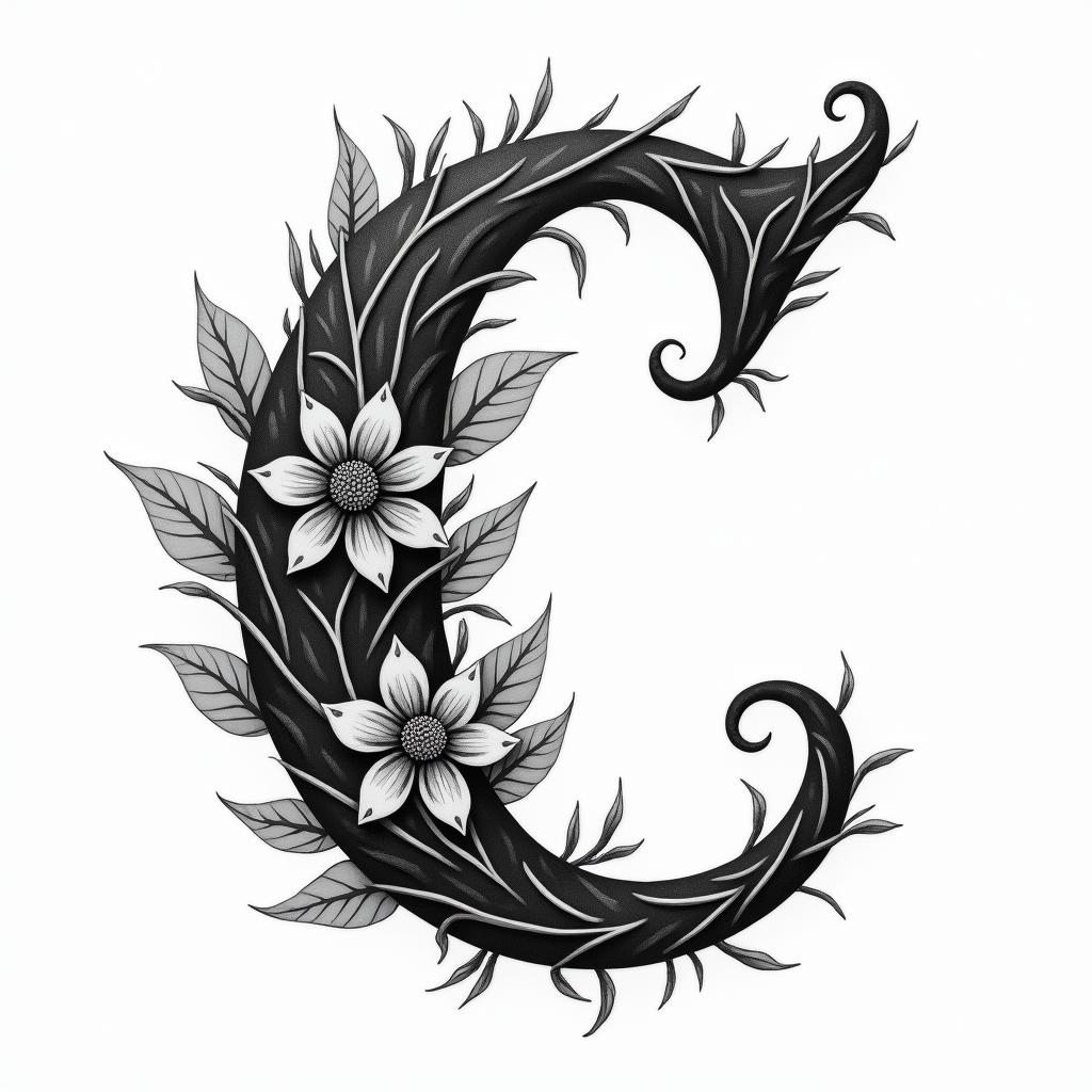 I want a capital C with the names Adrien, Andréa, and Leandro inside, in black and white.higly detailed tattoo - Variation 8