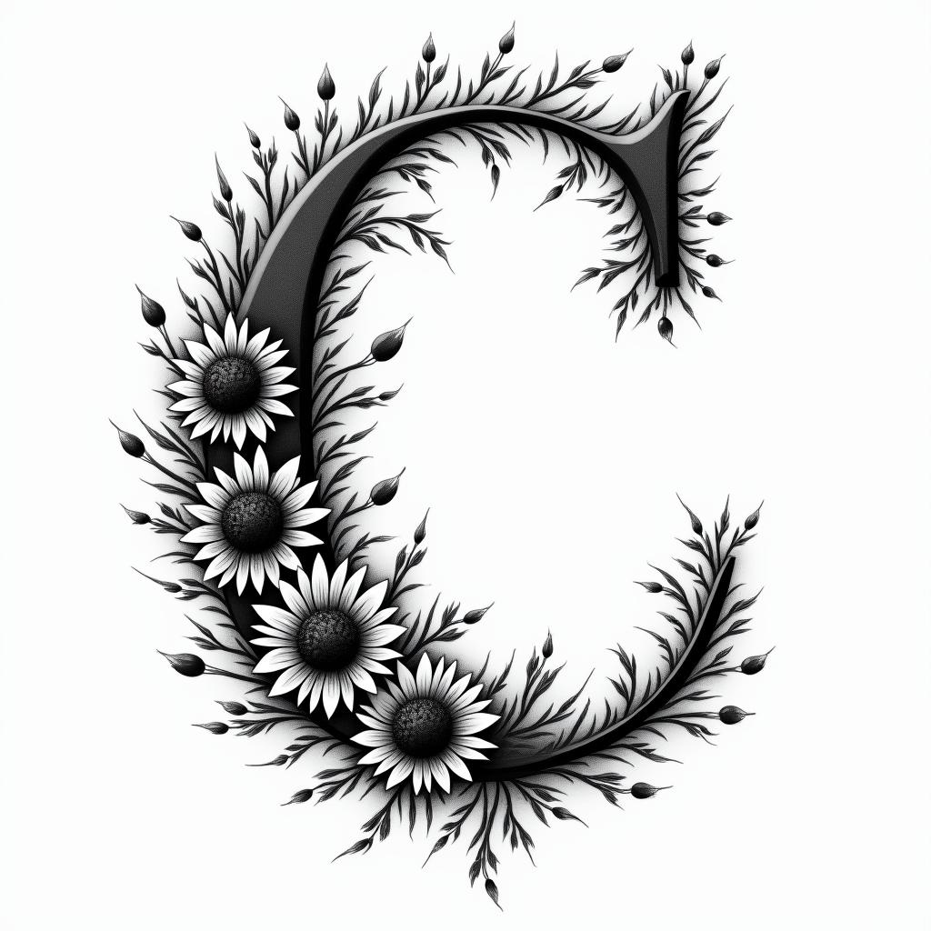 I want a capital C with the names Adrien, Andréa, and Leandro inside, in black and white.higly detailed tattoo - Variation 5