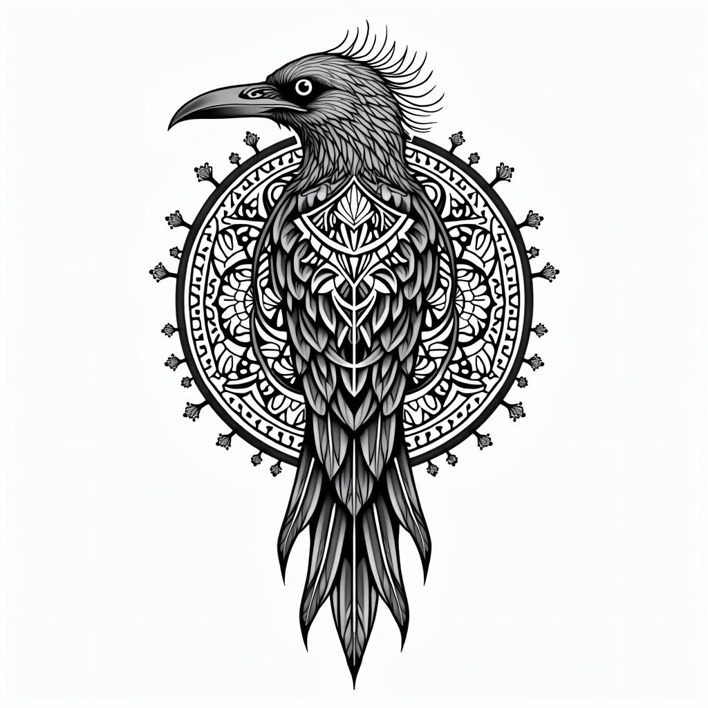 Viking woman crowin dotwork style tattoo, complex mandala patterns, interlocking geometric shapes with sharp symmetry, clean lines, sharp angles - Variation 3