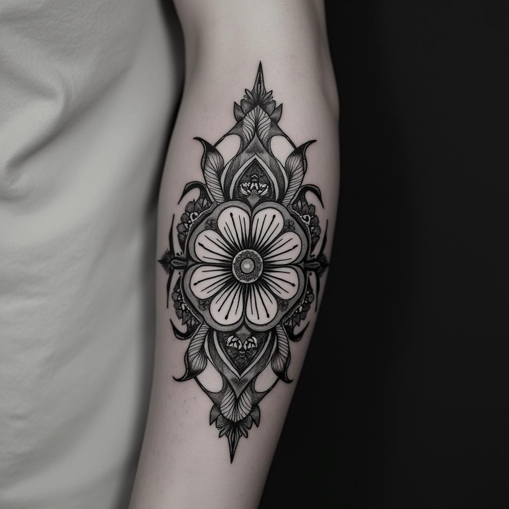 Fuck feelings heartbroken painin ornamental tattoo style, featuring intricate symmetrical patterns and floral designs, showcasing highly detailed line work and geometric shapes, creating a sense of elegance and balance