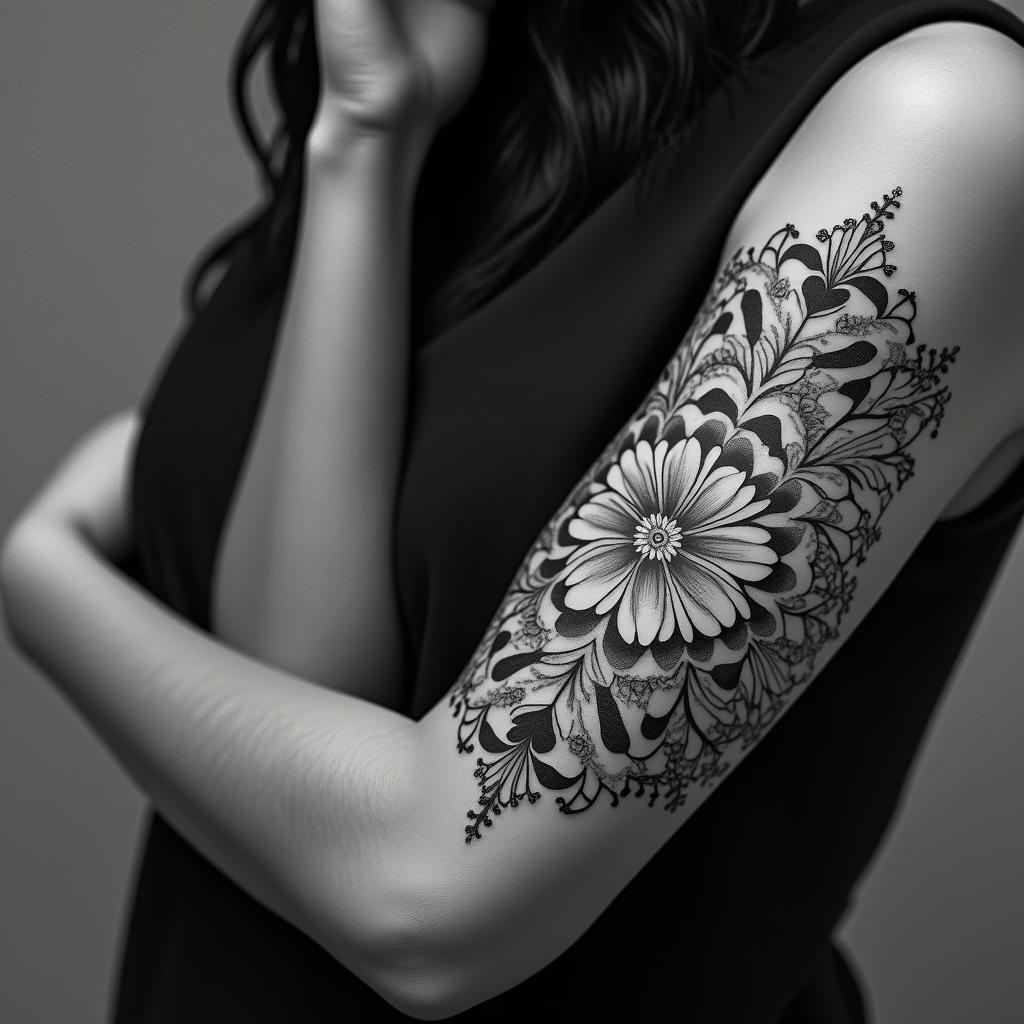 Fuck feelings heartbroken painin ornamental tattoo style, featuring intricate symmetrical patterns and floral designs, showcasing highly detailed line work and geometric shapes, creating a sense of elegance and balance - Variation 2