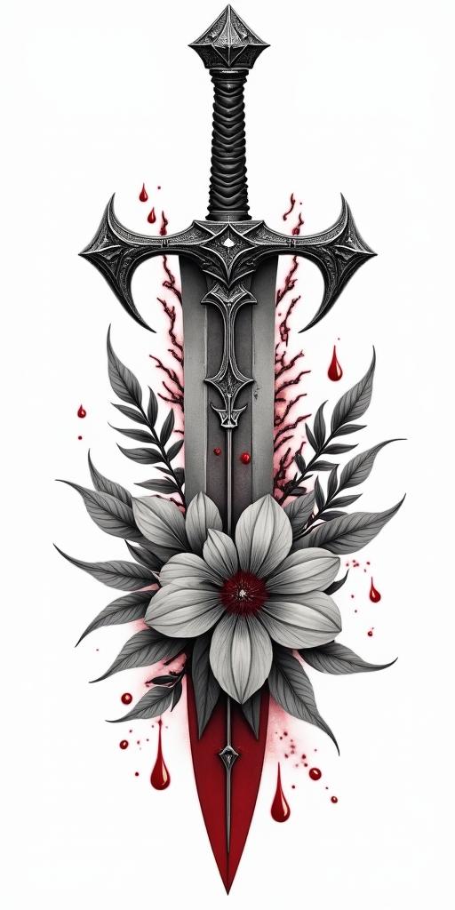 Assassins creed blade mixed with flowers, thorns and bloodin realism tattoo style, featuring a highly detailed, lifelike, capturing every detail, photorealistic, ultra realistic, intricate shading, smooth and sharp, - Variation 4