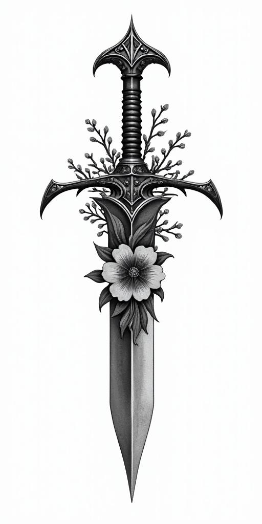 Assassins creed blade mixed with flowers, thorns and bloodin realism tattoo style, featuring a highly detailed, lifelike, capturing every detail, photorealistic, ultra realistic, intricate shading, smooth and sharp, - Variation 6