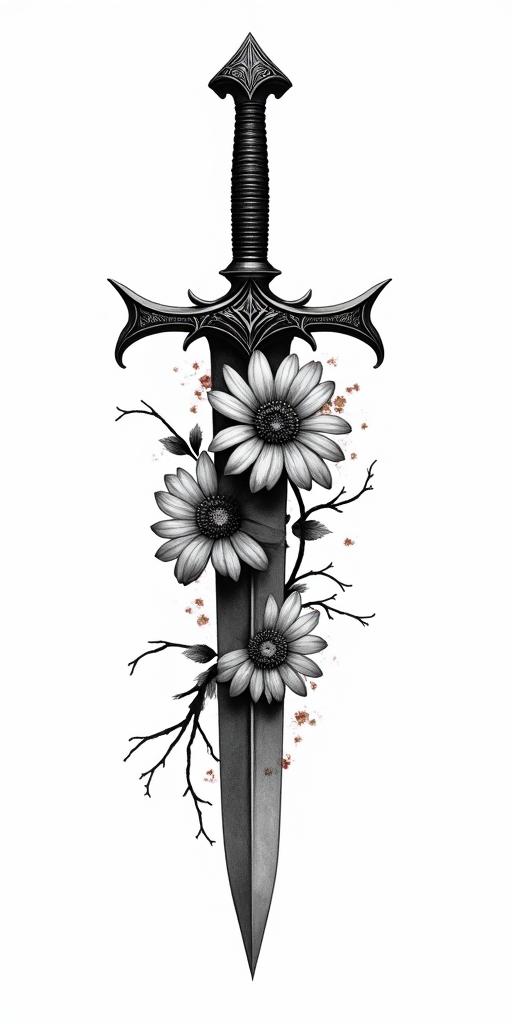 Assassins creed blade mixed with flowers, thorns and bloodin realism tattoo style, featuring a highly detailed, lifelike, capturing every detail, photorealistic, ultra realistic, intricate shading, smooth and sharp,
