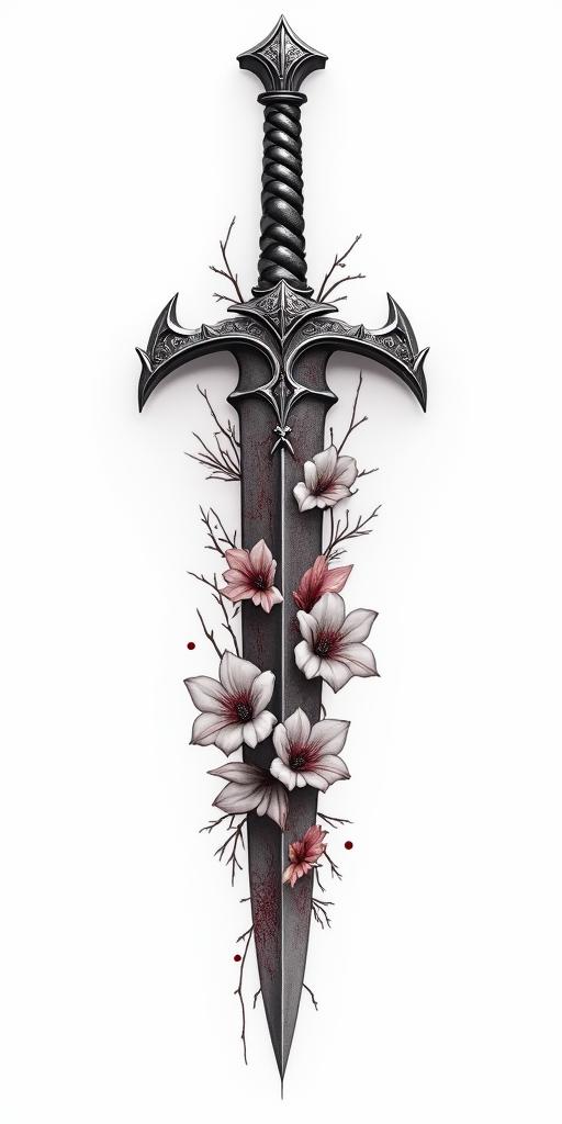 Assassins creed blade mixed with flowers, thorns and bloodin realism tattoo style, featuring a highly detailed, lifelike, capturing every detail, photorealistic, ultra realistic, intricate shading, smooth and sharp, - Variation 2