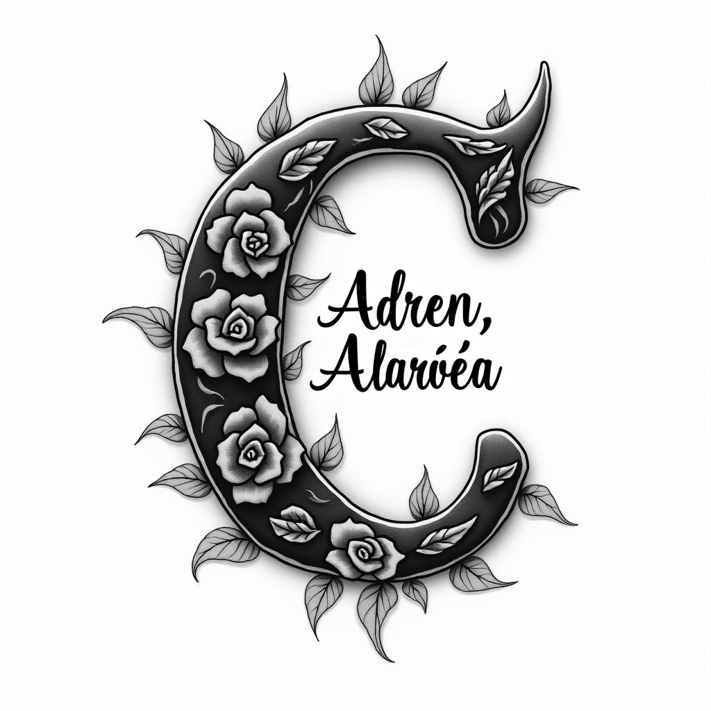 I want a capital C with the names Adrien, Andréa, and Leandro inside, in black and white.higly detailed tattoo - Variation 4