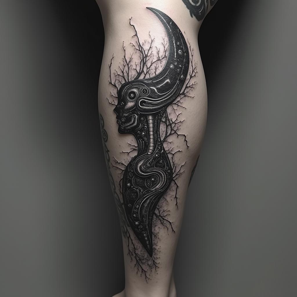 Create a tattoo with the words Mack Life with the Andromeda galaxy in the backgroundtattoo in biomechanic style, the tattoo covered by robotic elements of futuristic cyberpunk design, robotic features detail, showcasing intricate mechanical components - Variation 2