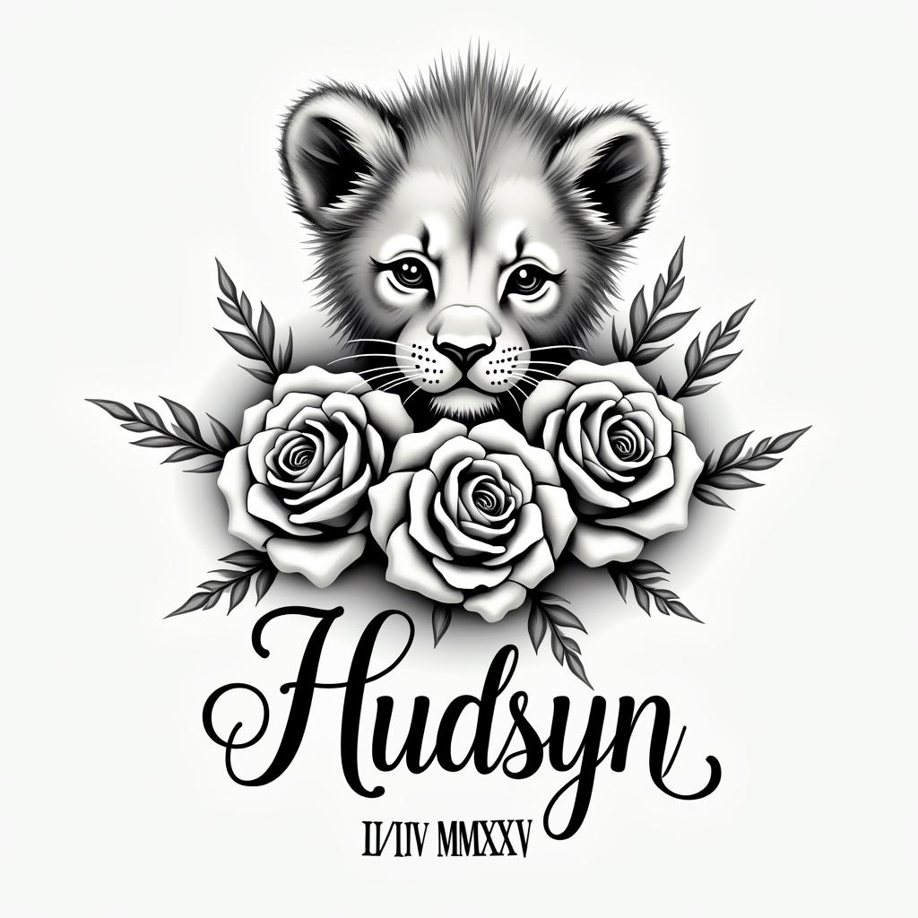 A beautifully faded tattoo design featuring a baby lion and roses, symbolizing love and happiness. The name "Hudsyn" is elegantly written in flowing script, complemented by his birth date "II/IV/MMXXV" in Roman numerals. The overall style is monochromatic, conveying a sense of perfection and deep emotional connection.higly detailed tattoo - Variation 4