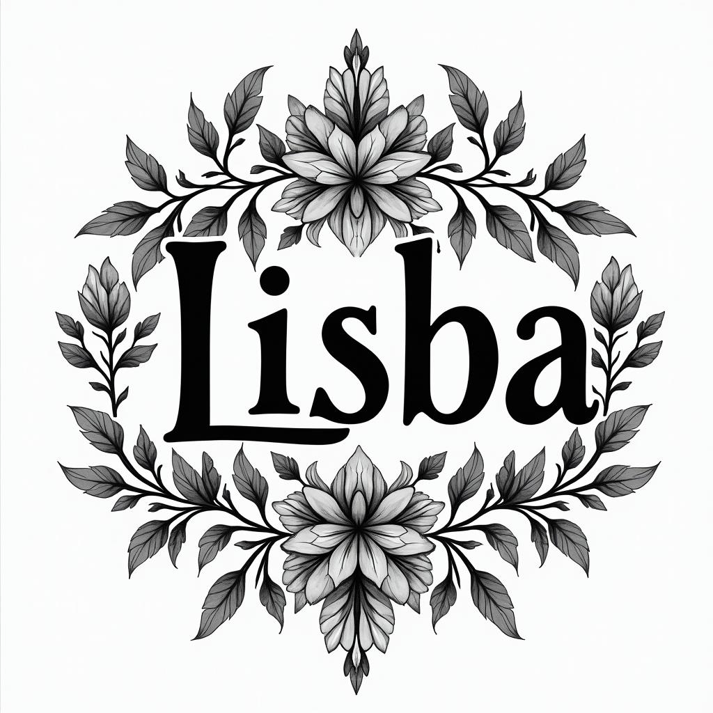 Word "Lisboa" discreetly with flowers and leaves and azulejos tiles.in ornamental tattoo style, featuring intricate symmetrical patterns and floral designs, showcasing highly detailed line work and geometric shapes, creating a sense of elegance and balance