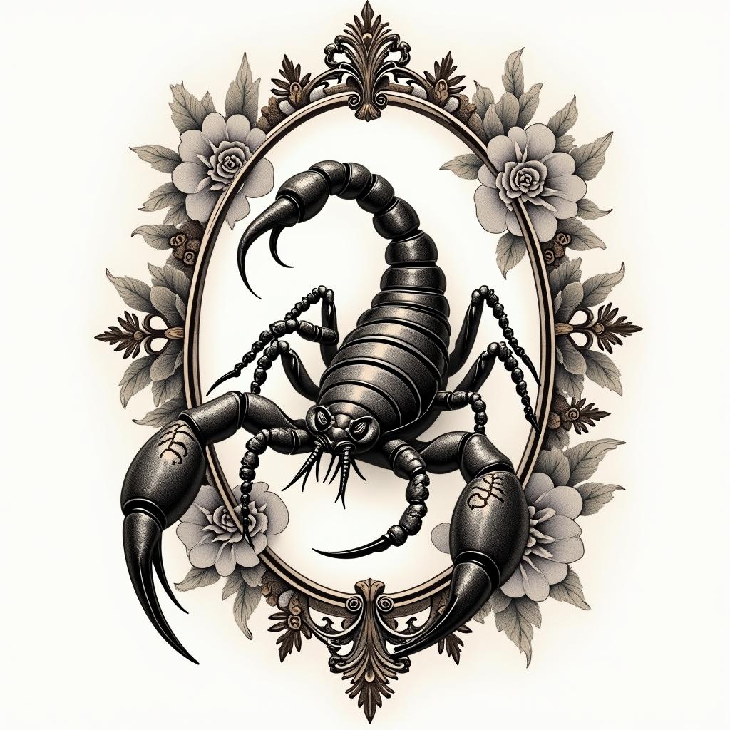 Scorpion with sharp, detailed clawsin victorian style tattoo, featuring vintage and elegant elements, ornate frames, roses, antique, sepia-toned color scheme - Variation 8