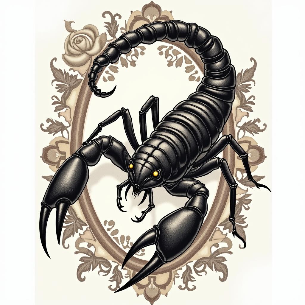Scorpion with sharp, detailed clawsin victorian style tattoo, featuring vintage and elegant elements, ornate frames, roses, antique, sepia-toned color scheme - Variation 7