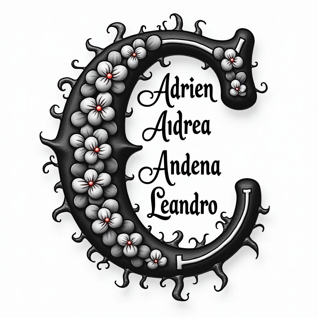 I want an uppercase C with the names Adrien, Andréa, and Leandro inside, in black and white.in authentic tattoo style, incorporating traditional modifications, bold black outlines, solid color fills, featuring classic authentic elements - Variation 3