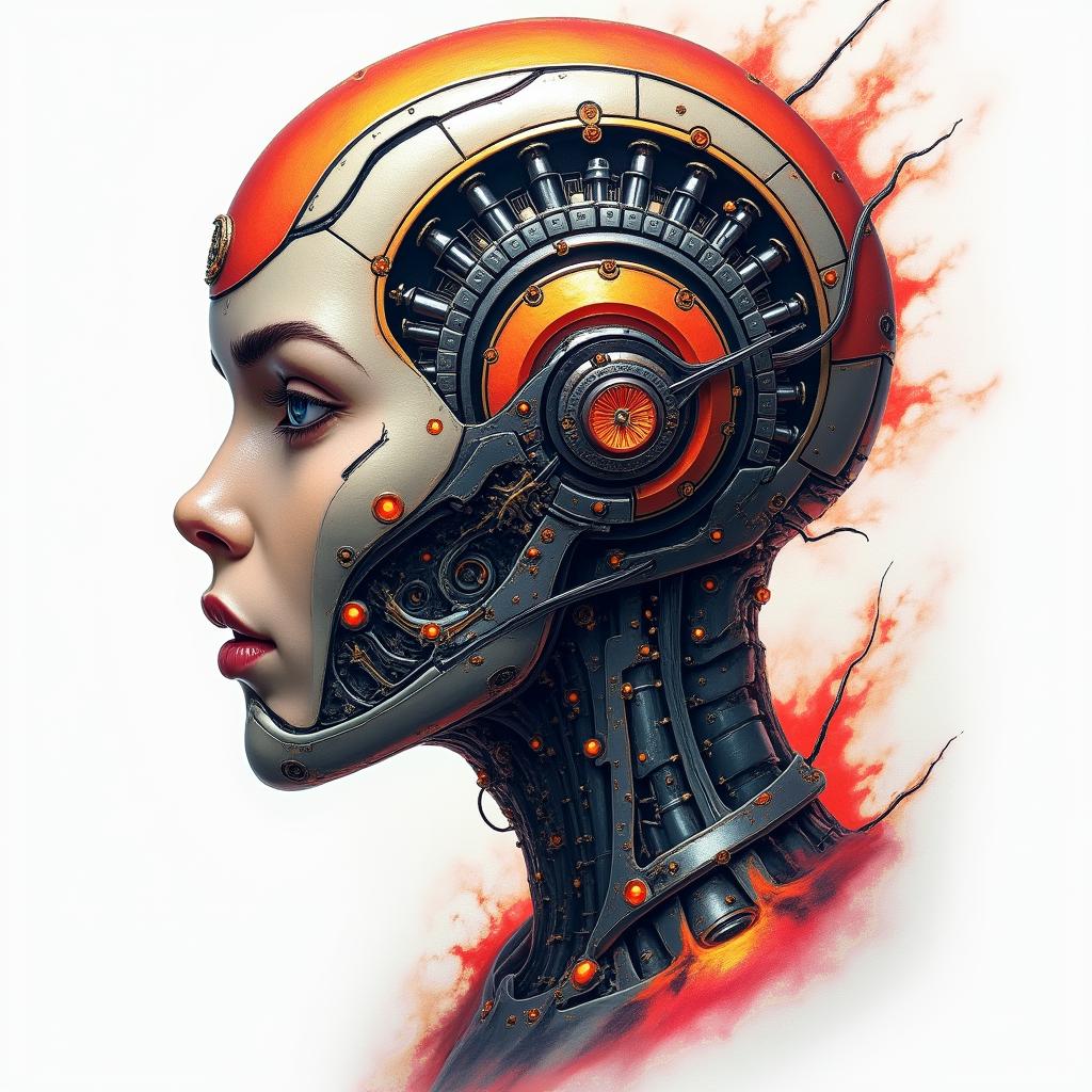Jose Salazar, Gemini, Venezuelatattoo in biomechanic style, the tattoo covered by robotic elements of futuristic cyberpunk design, robotic features detail, showcasing intricate mechanical components